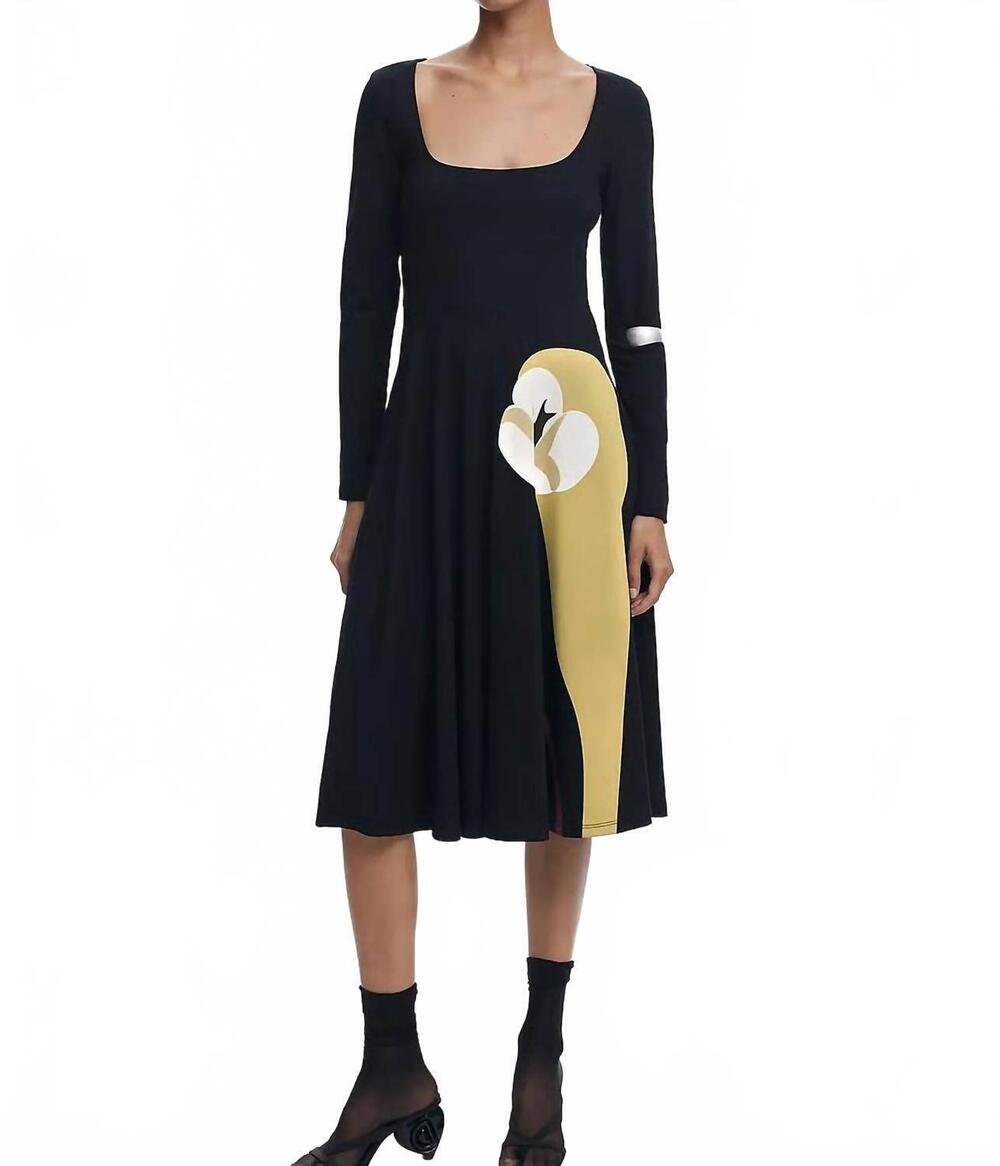 NEW DESIGUAL lirio long sleeve midi dress in black